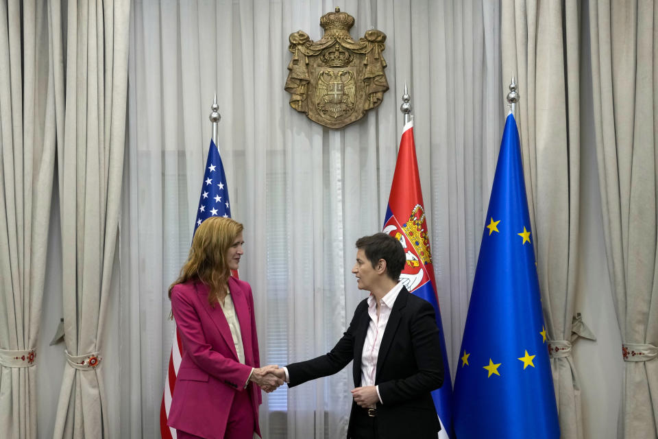 U.S. Agency for International Development (USAID) Administrator Samantha Power, left, shakes hands with Serbian Prime Minister Ana Brnabic in Belgrade, Serbia, Wednesday, May 10, 2023. Power arrived in Belgrade for the start of a week long visit to Serbia and Kosovo. (AP Photo/Darko Vojinovic)