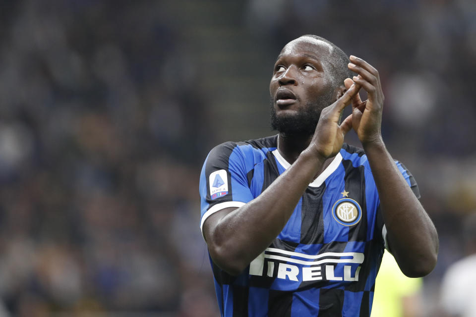 Inter Milan's Romelu Lukaku leaves the field during a Serie A soccer match between Inter Milan and Lazio, at the San Siro stadium in Milan, Italy, Wednesday, Sept. 25, 2019. (AP Photo/Antonio Calanni)