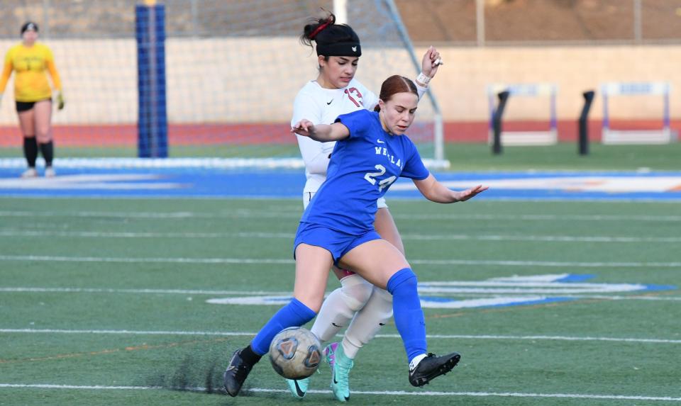 Westlake's Layla Simon battles an Etiwanda player for possession during the Warriors' 5-2 loss in a CIF-SS Division 1 quarterfinal match at Westlake High on Wednesday, Feb. 14, 2024.