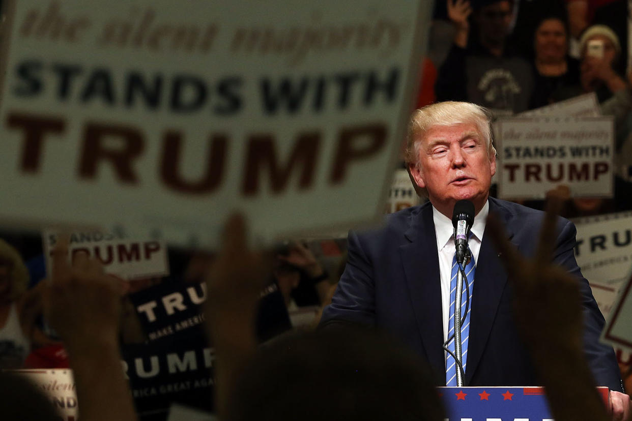 Republican presidential candidate Donald Trump went on the attack at a rally on May 25, 2016, in Anaheim, Calif. (Photo: Spencer Platt/Getty Images)