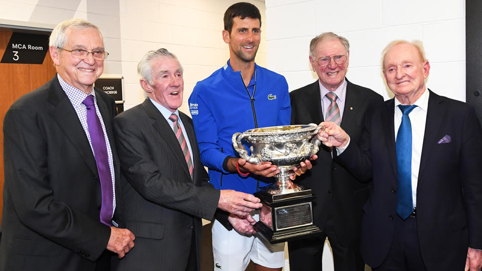 Novak Djokovic with Roy Emerson, Ken Rosewall, Fred Sedgman and Rod Laver. (Photo by James D. Morgan/Getty Images)