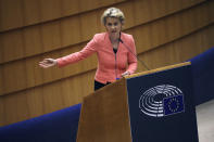 European Commission President Ursula von der Leyen addresses the plenary during her first State of the Union speech at the European Parliament in Brussels, Wednesday, Sept. 16, 2020. European Commission President Ursula von der Leyen will set out her vision of the future in her first State of the European Union address to the EU legislators. Weakened by the COVID-19 pandemic and the departure of the United Kingdom, she will center her speech on how the bloc should adapt to the challenges of the future, including global warming, the switch to a digital economy and immigration. (AP Photo, Francisco Seco)