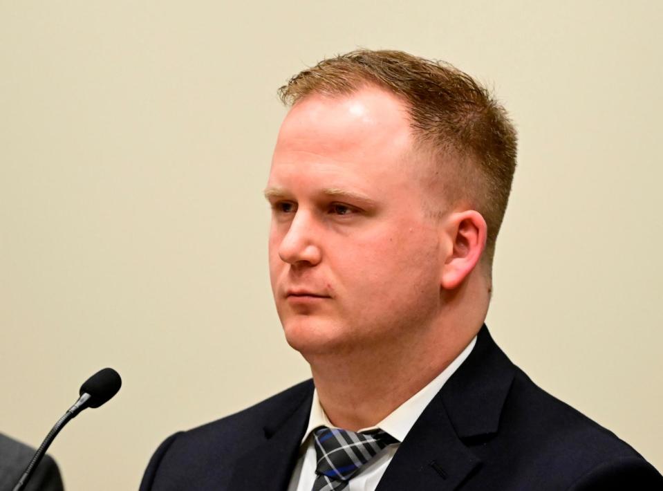 PHOTO: Aurora Police officer Nathan Woodyard during an arraignment in the Adams County district court at the Adams County Justice Center, Jan. 20, 2023.  (Andy Cross/MediaNews Group/The Denver Post via Getty Images, FILE)
