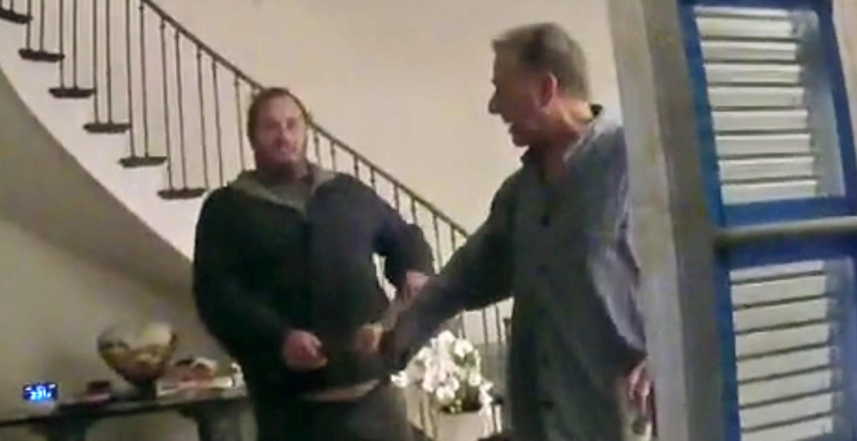 Body cam footage of David DePape, left, moments before he attacked Paul Pelosi at his San Francisco home. (San Francisco Police)