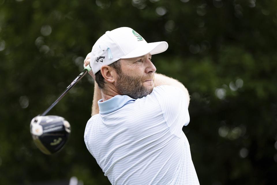 Branden Grace, of Stinger GC, hits from the second tee during the final round of LIV Golf Tulsa at Cedar Ridge Country Club, Sunday, May 14, 2023, in Broken Arrow, Okla. (Katelyn Mulcahy/LIV Golf via AP)