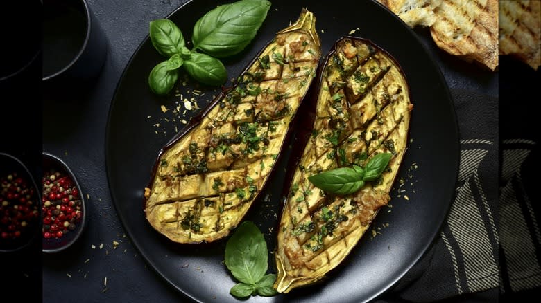 grilled seasoned eggplant on plate