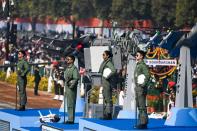 Air Force officers stand on float during the Republic Day parade in New Delhi on January 26, 2021. (Photo by Jewel SAMAD / AFP) (Photo by JEWEL SAMAD/AFP via Getty Images)