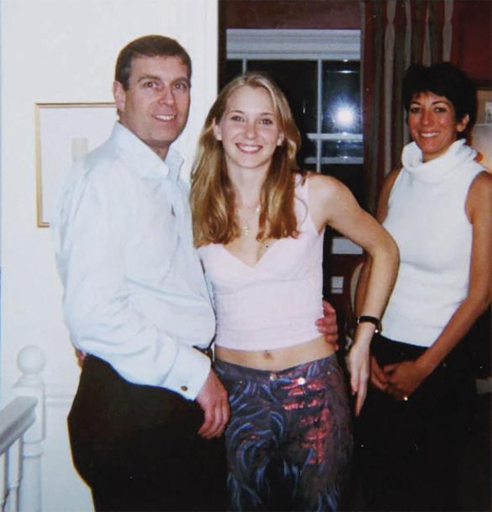 Prince Andrew (left) with Virginia Giuffre (centre) and Ghislaine Maxwell (right) (US District Court - Southern Dis)