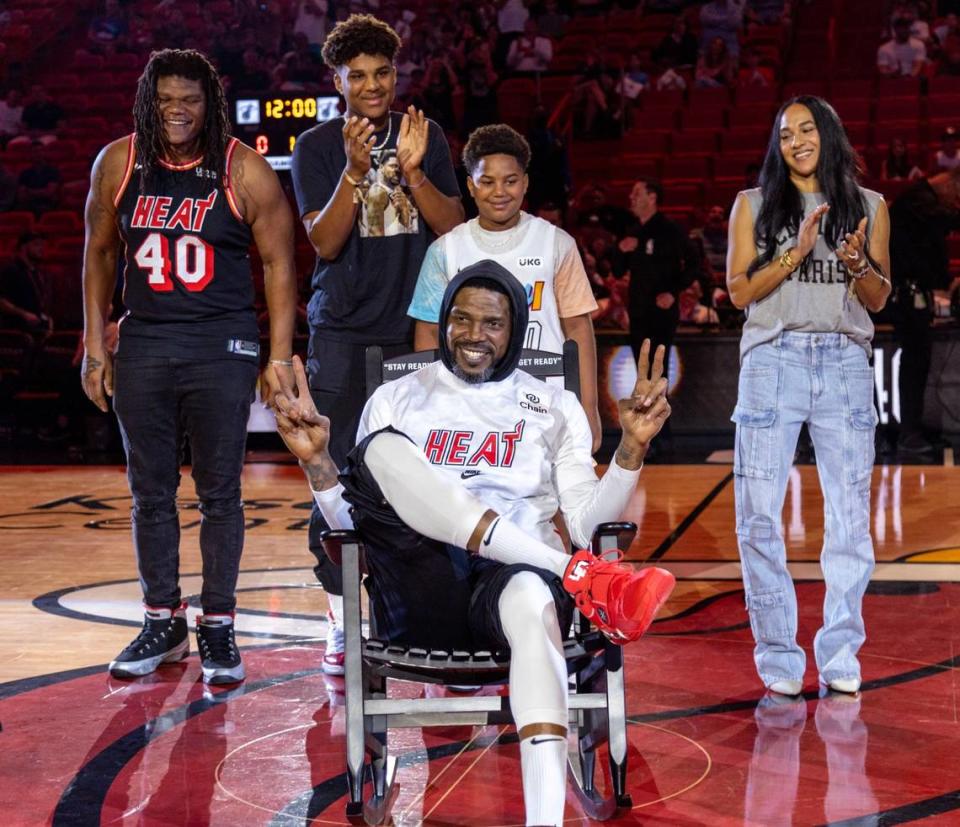 Miami Heat forward Udonis Haslem sits in a rocking chair gifted to him for his retirement before playing his last regular season game with the organization during an NBA game against the Orlando Magic at Kaseya Center in Downtown Miami, Florida, on Sunday, April 9, 2023.