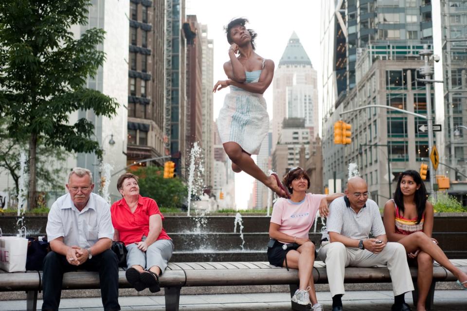 Columbus Circle, NYC - Michelle Fleet. <a href="https://www.dancersamongus.com/purchase" rel="nofollow noopener" target="_blank" data-ylk="slk:(Photo by Jordan Matter);elm:context_link;itc:0;sec:content-canvas" class="link ">(Photo by Jordan Matter)</a> <br> <br> <a href="http://vimeo.com/channels/jordanmatter/51149314" rel="nofollow noopener" target="_blank" data-ylk="slk:Click here to see video from 'Dancers Among Us';elm:context_link;itc:0;sec:content-canvas" class="link ">Click here to see video from 'Dancers Among Us'</a>