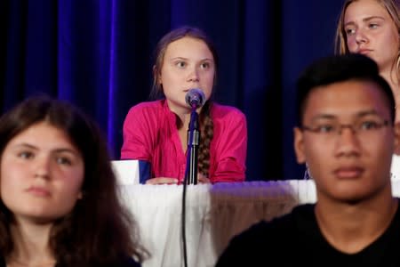 Swedish climate activist Greta Thunberg speaks after presenting a landmark complaint to the United Nations Committee on the Rights of the Child to protest the lack of government action on the climate crisis during a press conference in New York