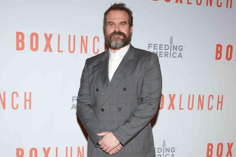 <p>Steven Simione/Getty </p> David Harbour at the BoxLunch Holiday Gala in Los Angeles.