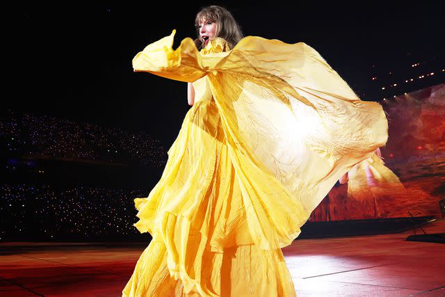 <p>Kevin Mazur/Getty</p> Taylor Swift wearing Alberta Ferretti at the Eras Tour