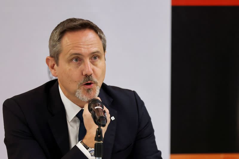 Lorenzo Caraffi, head of ICRC delegation in Colombia, speaks during a news conference in Bogota