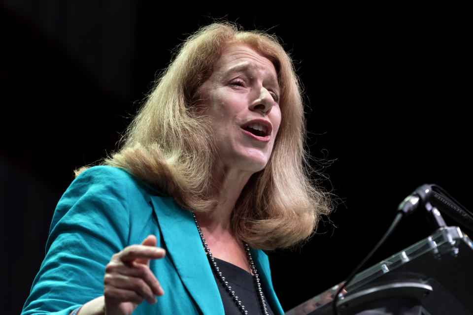 FILE - Candidate for state attorney general Shannon Liss-Riordan speaks during the state's Democratic party convention, Saturday, June 4, 2022, in Worcester, Mass. Liss-Riordan is going up against Boston City Councilor Andrea Campbell in the Massachusetts Democratic primary on Tuesday, Sept. 6. (AP Photo/Michael Dwyer)