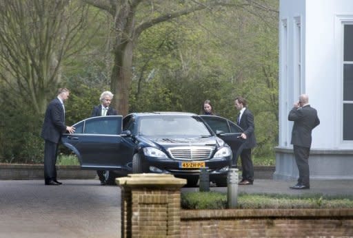 Dutch PVV party leader Geert Wilders (L) and MP Fleur Agema leave the Catshuis in The Hague, the official residence of the prime minister. Key talks on a 16-billion-euro austerity package to rescue the Dutch economy broke down, leaving the government on the brink of collapse