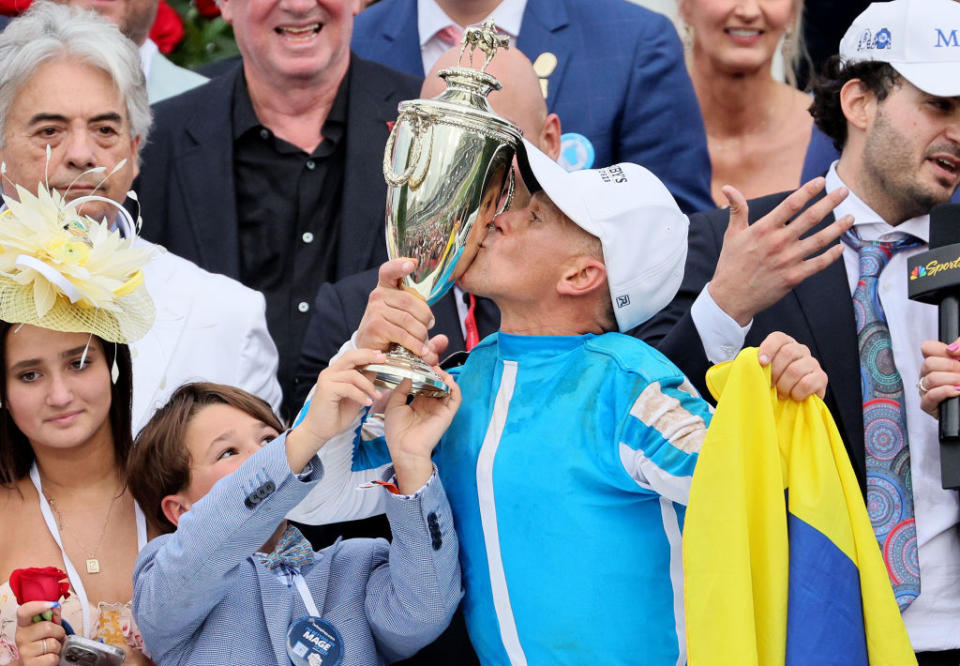 LOUISVILLE, KENTUCKY – MAY 06: Javier Castellano celebrates in winners circle after ridding Mage #8 to win the 149th running of the Kentucky Derby at Churchill Downs on May 06, 2023 in Louisville, Kentucky. (Photo by Andy Lyons/Getty Images)