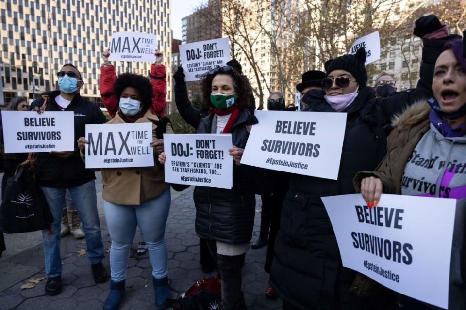 Demonstrators rally in solidarity with the Jeffery Epstein and Ghislaine Maxwell survivors in New York.