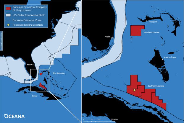 A map of the Bahamas Petroleum Company's drilling license areas and the proposed site of its exploratory well. (Photo: Oceana/contributed graphic)