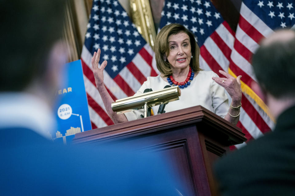 Speaker of the House Nancy Pelosi of Calif., speaks during her weekly press conference, Thursday, Jan. 20, 2022 at the Capitol in Washington. (Shawn Thew/Pool via AP)