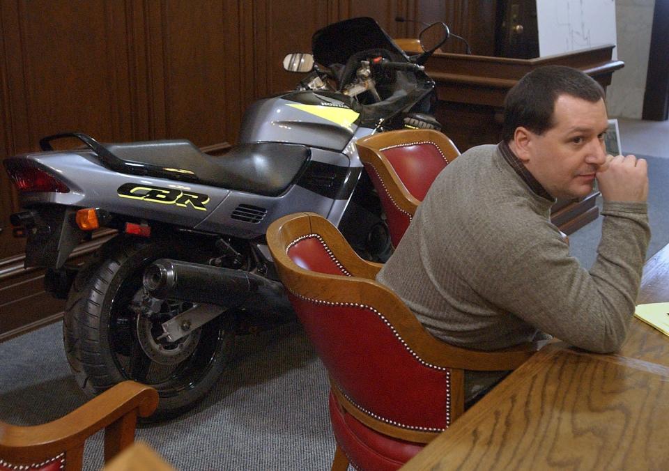 John Zaffino of Rittman on trial for murder of Jeff Zack of Stow on Feb. 26, 2003. Behind him is 1995 Honda motorcycle seized by police at the home of his x-wife in Pennsylvania.