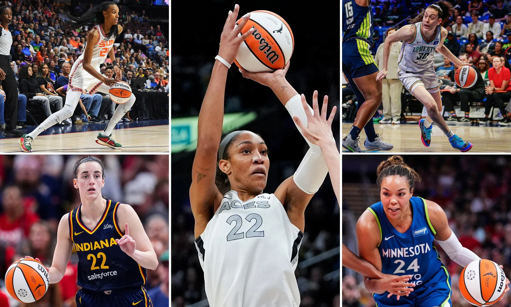 <span>Clockwise from top left: DeWanna Bonner, A'ja Wilson, Breanna Stewart, Napheesa Collier, Caitlin Clark</span><span>Composite: AP, Alamy</span>