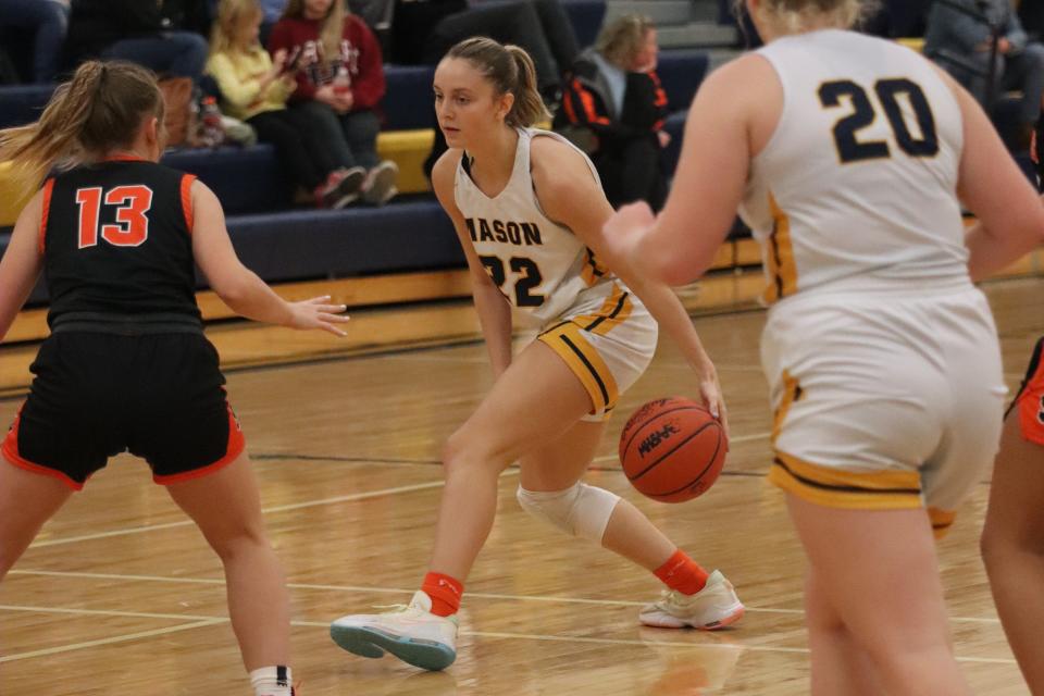 Kaylee Bash of Erie Mason is guarded by Summerfield’s Mayley Mannebach Friday night during a 58-31 Summerfield win.