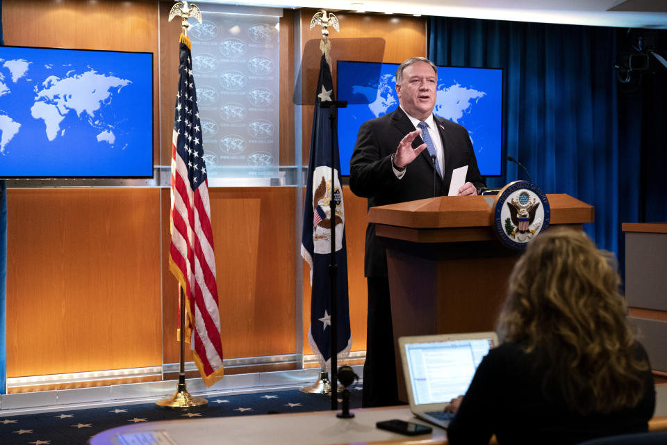 Secretary of State Mike Pompeo speaks during a media briefing, Tuesday, Nov. 10, 2020, at the State Department in Washington. (AP Photo/Jacquelyn Martin, Pool)