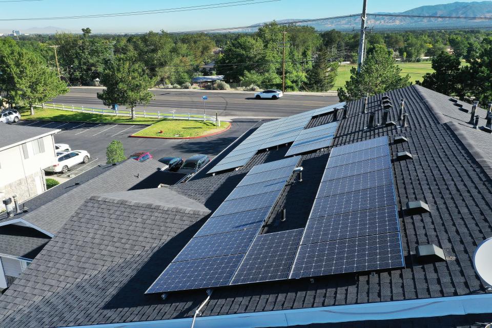 Solar panels are pictured installed on an apartment complex in Cottonwood Heights on Wednesday, July 12, 2023. | Jeffrey D. Allred, Deseret News