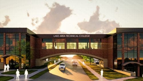 A rendering of the skywalk and classroom buildings of the archway complex at Lake Area Technical College.