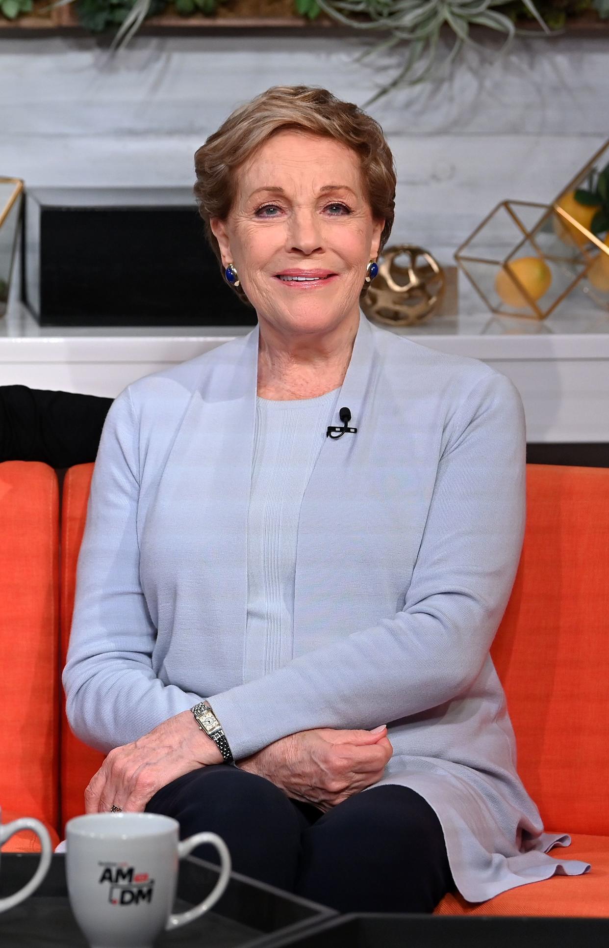 A picture of Julie Andrews wearing a light-blue long-sleeve blouse and a pair of black pants with her hands crossed on her thigh