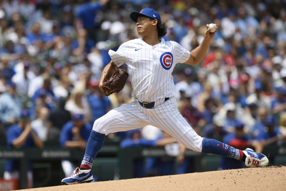 Chicago Cubs starter Shota Imanaga delivers a pitch during the first inning of a baseball game against the St. Louis Cardinals, Saturday, June 15, 2024, in Chicago. (AP Photo/Paul Beaty)