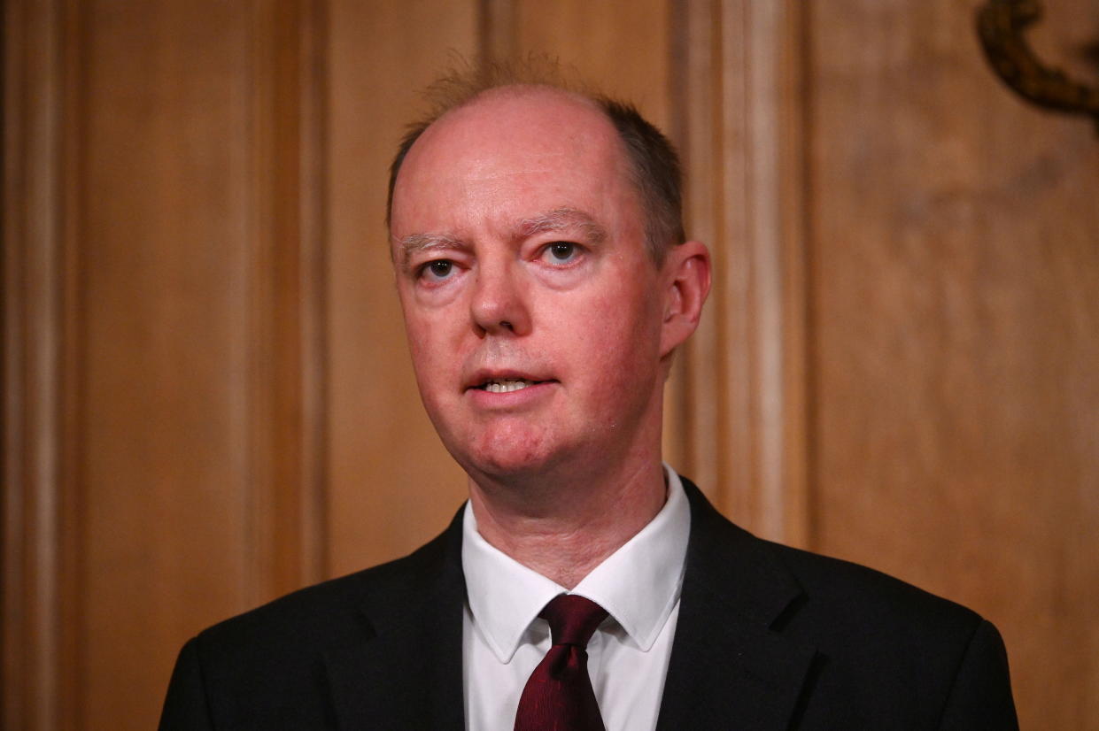 Britain's Chief Medical Officer Professor Chris Whitty speaks during a coronavirus disease (COVID-19) pandemic media briefing at 10 Downing Street in London, Britain February 22, 2021. Leon Neal/Pool via REUTERS