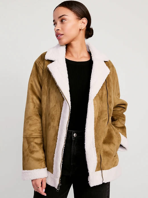 model wears brown and white Faux-Suede Sherpa-Lined Moto Jacket.