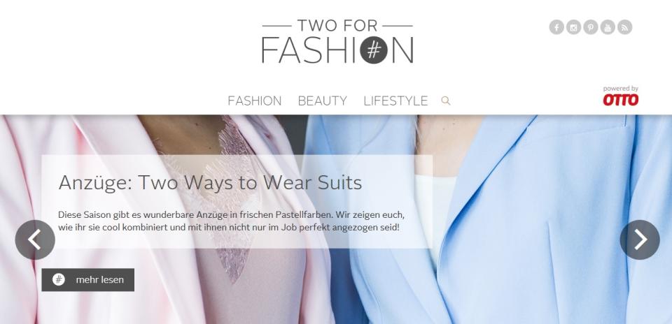 <p>Two for Fashion ist der Unternehmensblog von Otto. Hier werden täglich Outfits vorgestellt, die dann natürlich direkt mit einem Klick auf das entsprechende Teil gekauft werden können. Der Blog hat die Anmutung eines klassischen Modeblogs, der von einer einzelnen Bloggerin geführt wird. Gerade das dürfte bei den Usern und Userinnen gut ankommen. (Foto: https://www.otto.de/twoforfashion/) </p>