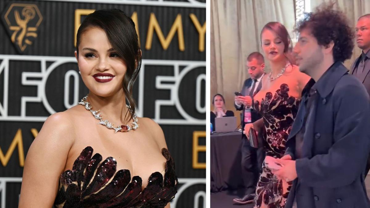 Selena Gomez chega ao Emmy com Benny Blanco em um vestido transparente de lantejoulas