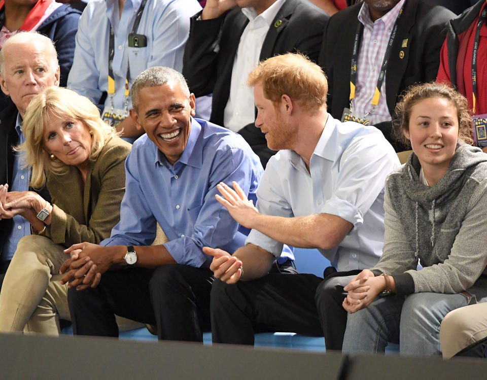 <p>Harry hangs with his surprise guests, Barack Obama, Joe Biden and Jill Biden, at the basketball finals. </p>