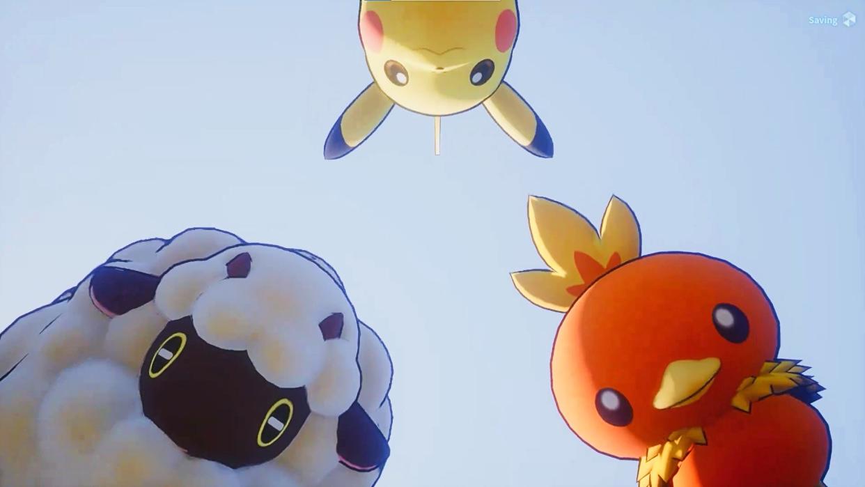  A Pikachu, Wooloo, and Torchic look over a trainer who is lying on the ground in Palworld's Pokemon mod. 