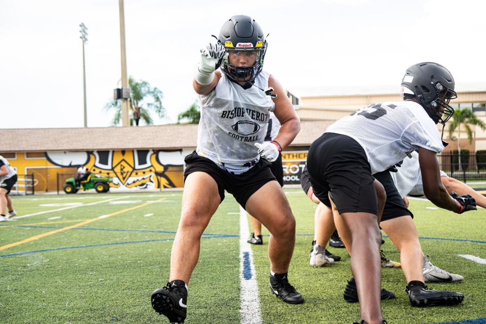 J.J. Bolz, a football player for the Bishop Verot High School football team practices on Tuesday, July 30, 2024.