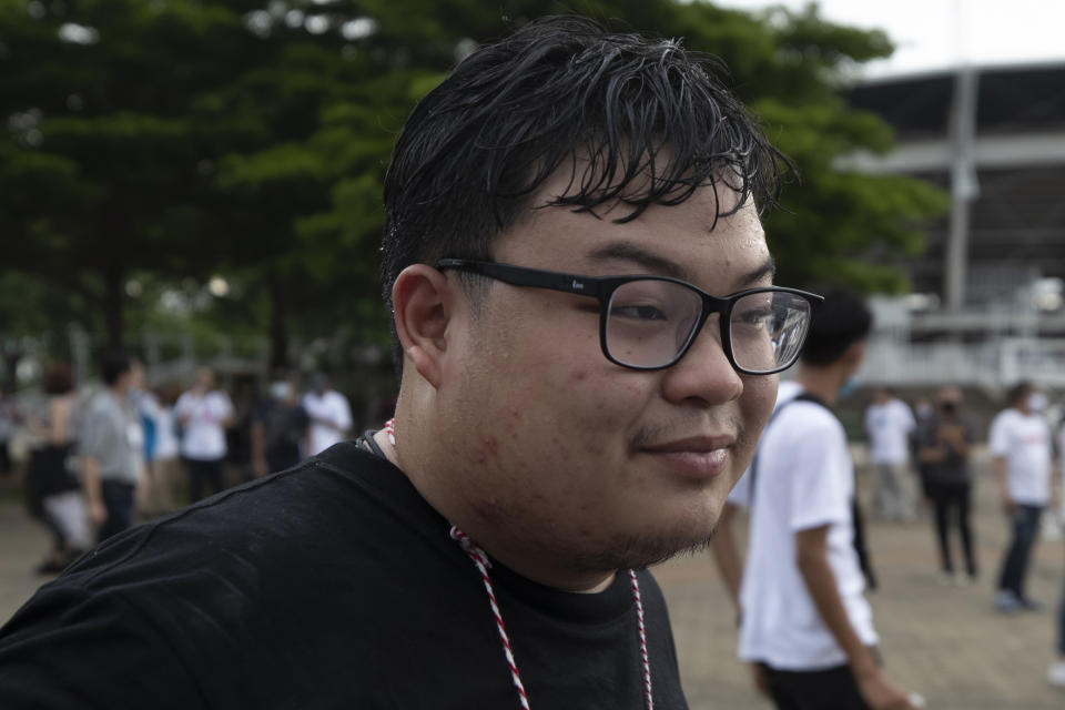 Activist Parit Chiwarak is seen ahead of a student rally at Thammasat University on Monday, Aug. 10, 2020 in Pathum Thani province, Thailand. The prominent protest leader was arrested Friday, Aug. 14, 2020 for involvement in a previous protest, even as student activists at Thailand's most prestigious university defied a ban by college administrators to stage an anti-government rally. (AP Photo/Sakchai Lalit)