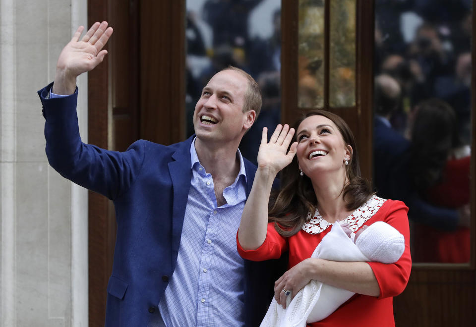 FILE - In this Monday, April 23, 2018 file photo Britain's Prince William and Kate, Duchess of Cambridge wave holding their newborn baby son as they leave the Lindo wing at St Mary's Hospital in London London. The Duchess of Cambridge gave birth Monday to a healthy baby boy — a third child for Kate and Prince William and fifth in line to the British throne. (AP Photo/Kirsty Wigglesworth, File)