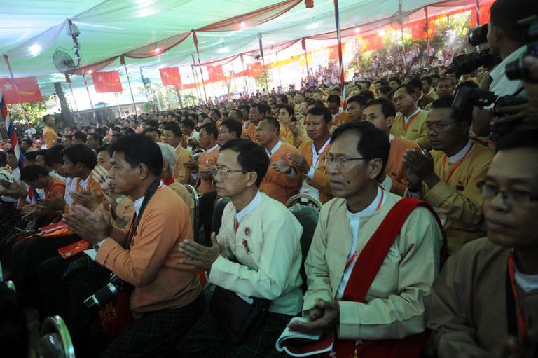 National League for Democracy party delegates gather at the Royal Rose Hall in Yangon on March 9, 2013. The party is expected to win Myanmar elections in 2015, if they are free and fair