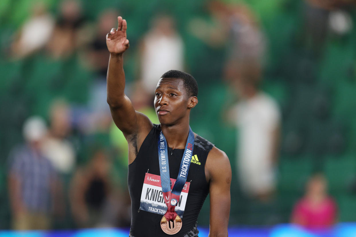 EUGENE, OREGON - JUNE 27: Erriyon Knighton reacts after placing third in the Men's 200 Meter Final during day ten of the 2020 U.S. Olympic Track & Field Team Trials at Hayward Field on June 27, 2021 in Eugene, Oregon. (Photo by Patrick Smith/Getty Images)