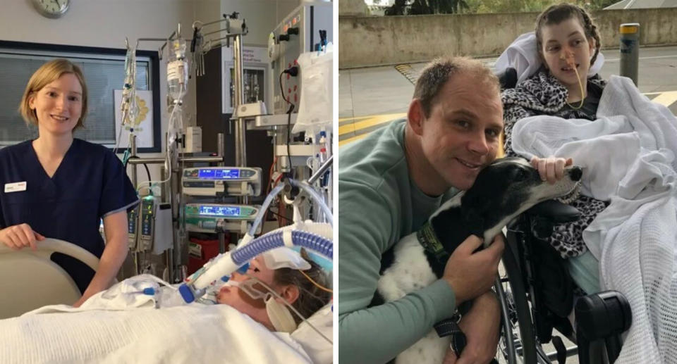 Nicole lying in a hospital bed (left) and in a wheelchair with Dave and her pet dog beside her (right).