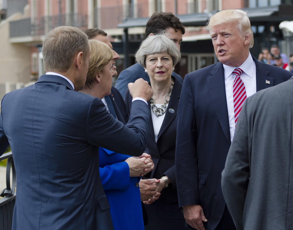 Emmanuel Macron, Theresa May, Donald Trump, Donald Tusk, Angela Merkel