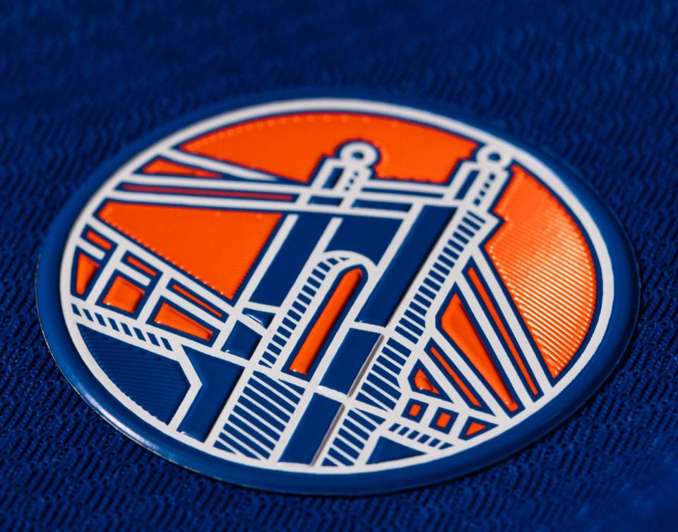 The jock tag on FC Cincinnati's new "River Kit" features an illustration of the Roebling Suspension Bridge.