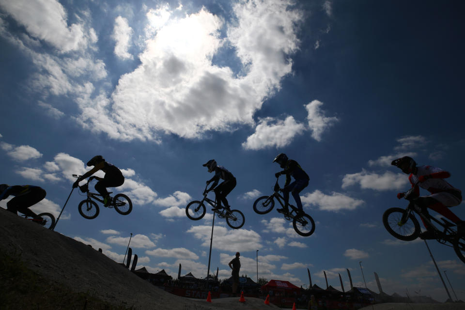 <p>GRAVESEND, ENGLAND - JUNE 13: Riders in qualifying rounds of round two of the HSBC BMX National Series at Cyclopark BMX track on June 13, 2021 in Gravesend, England. (Photo by Cameron Smith/Getty Images)</p>
