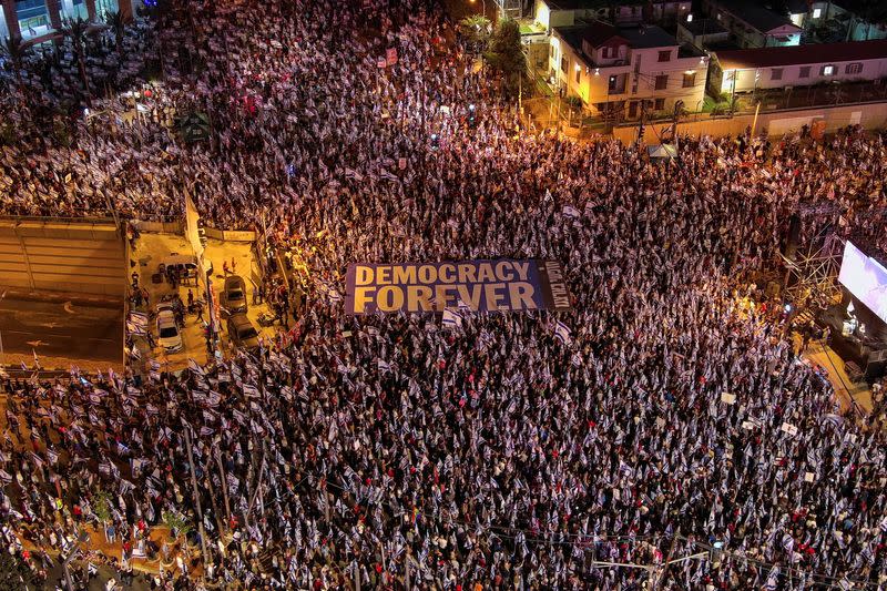 Demonstration against Israeli PM Netanyahu and judicial overhaul in Tel Aviv