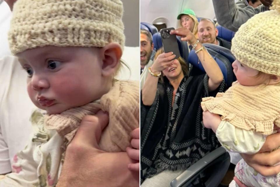 <p>Courtesy of Kelly Levine</p> Stranger knits a baby a beanie during her first flight