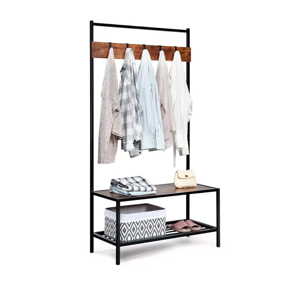 COSTWAY 3 in 1 Industrial Coat Rack Shoe Bench Entryway Hall Tree Storage Shelf w/ Hooks